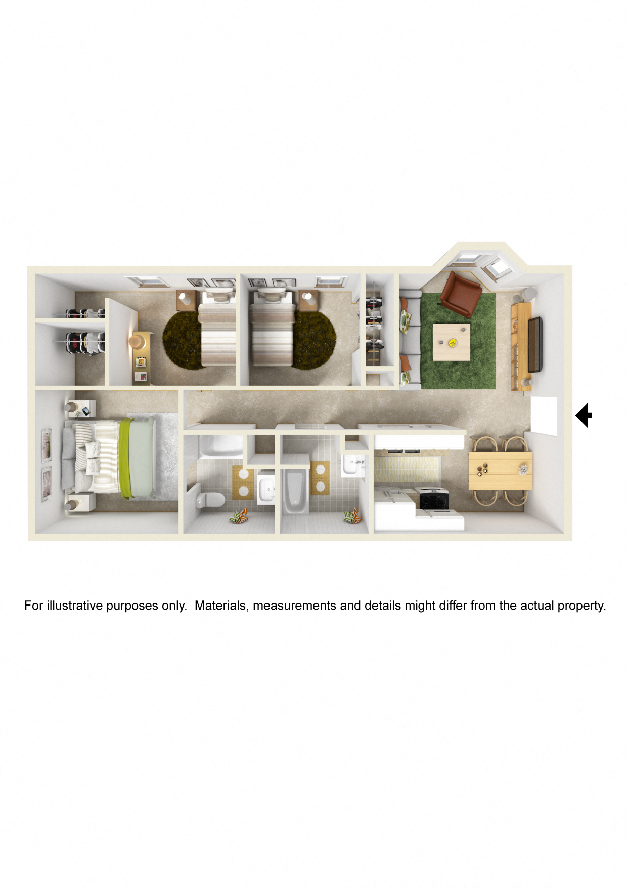 Floor plan for 3 beds, 2 baths, 1200 sqft